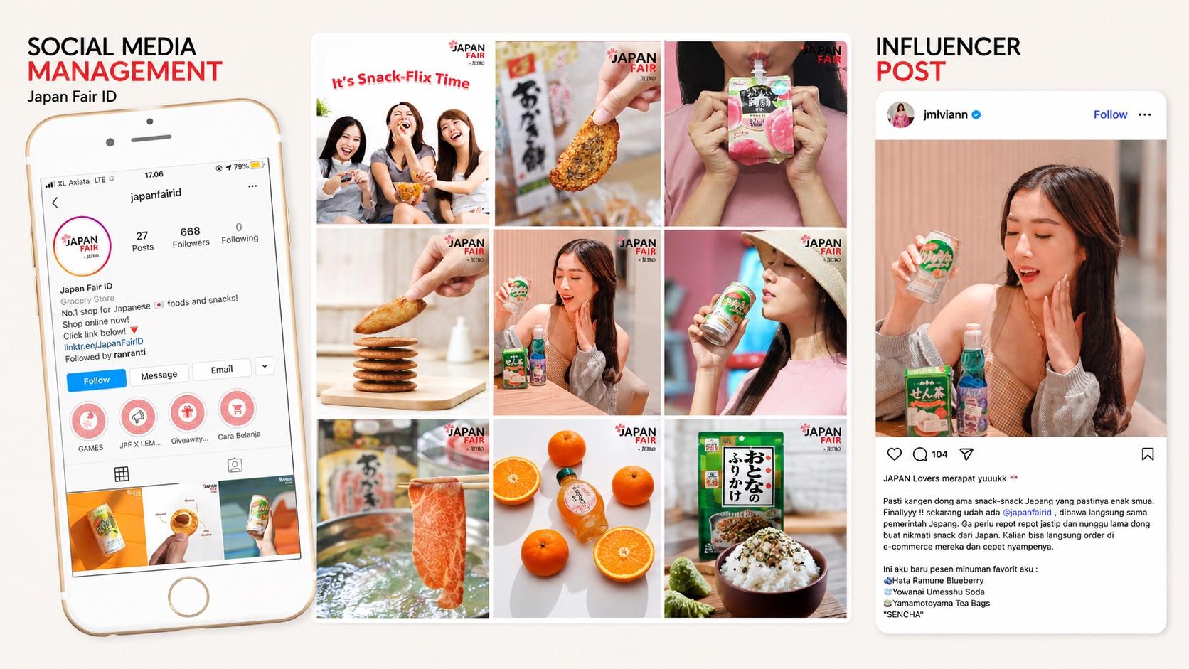 Japan Fair ID social media work: an Instagram profile on a phone, a nine-post feed grid of Japanese snacks and drinks, and a creator's post about ordering them in Indonesia.