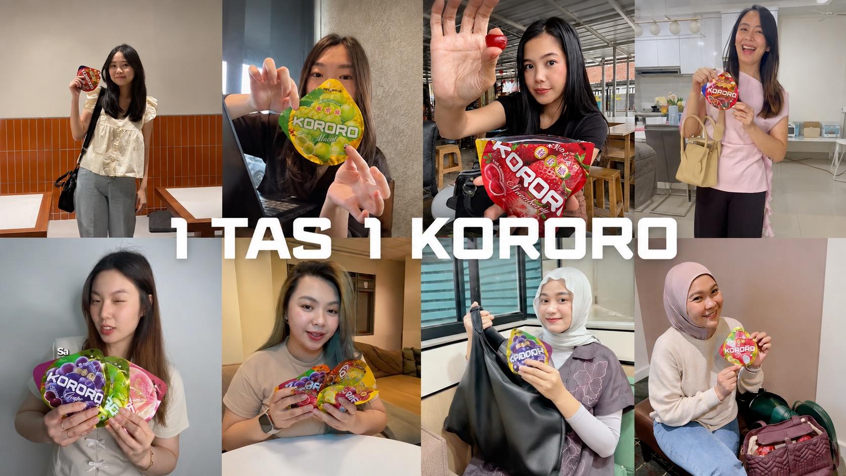 Eight creators holding UHA Kororo fruit gummies in cafes, offices and at home, under the campaign line "1 tas 1 Kororo".