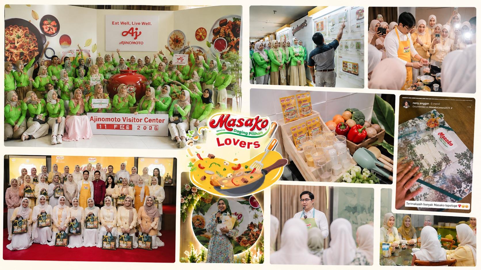 Masako community activity: group portraits at the Ajinomoto Visitor Center, a cooking demonstration, and product displays.