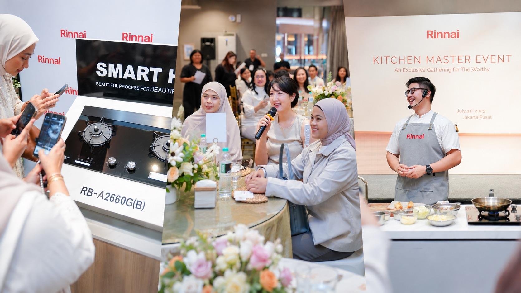 Rinnai Kitchen Master event: guests photographing a cooktop, an audience at a demonstration table, and a chef presenting.