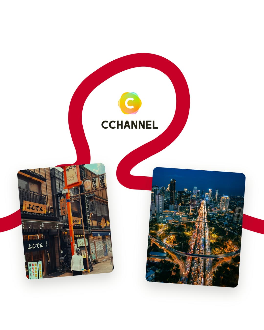 The C CHANNEL logo inside a looping red ribbon, between a photo of Tokyo and a photo of Jakarta.